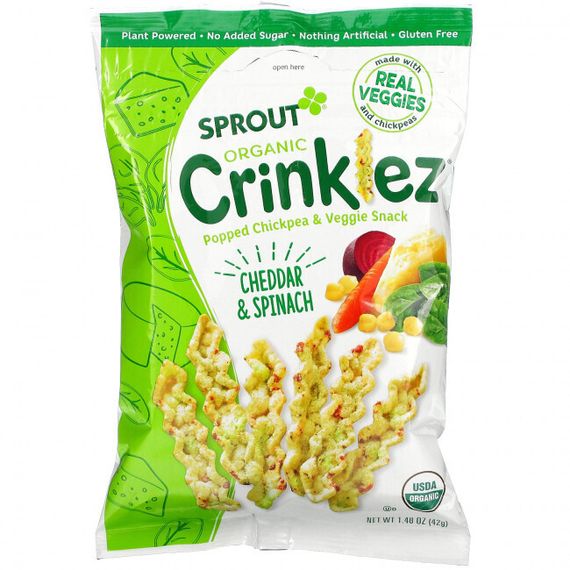 Sprout Organics, Crinklez, снек из нута и овощей, для малышей от 12 месяцев, чеддер и шпинат, 42 г (1,48 унции)