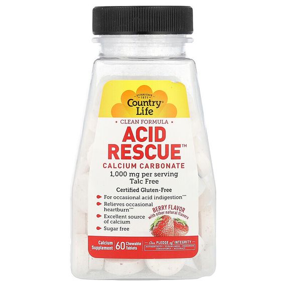Country Life, Acid Rescue, карбонат кальция, ягодный вкус, 1000 мг, 60 жевательных таблеток