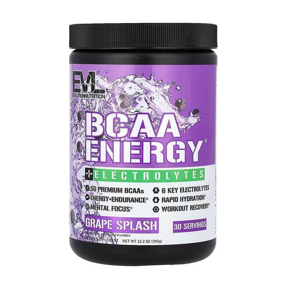 EVLution Nutrition, BCAA Energy Plus, электролиты, со вкусом винограда, 345 г (12,2 унции)