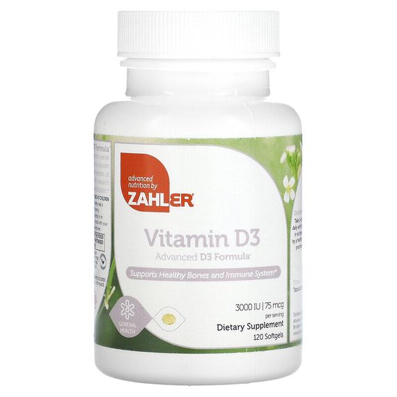 Zahler, Витамин D3, улучшенная формула D3, 75 мкг (3000 МЕ), 120 мягких таблеток