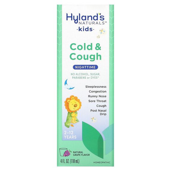 Hyland&#39;s Naturals, средство от простуды и кашля для детей, для приема ночью, от 2 до 12 лет, со вкусом натурального винограда, 118 мл (4 жидк. унций)