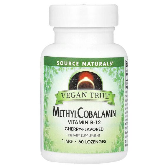 Source Naturals, Vegan True, метилкобаламин и витамин B12, вишня, 1 мг, 60 пастилок