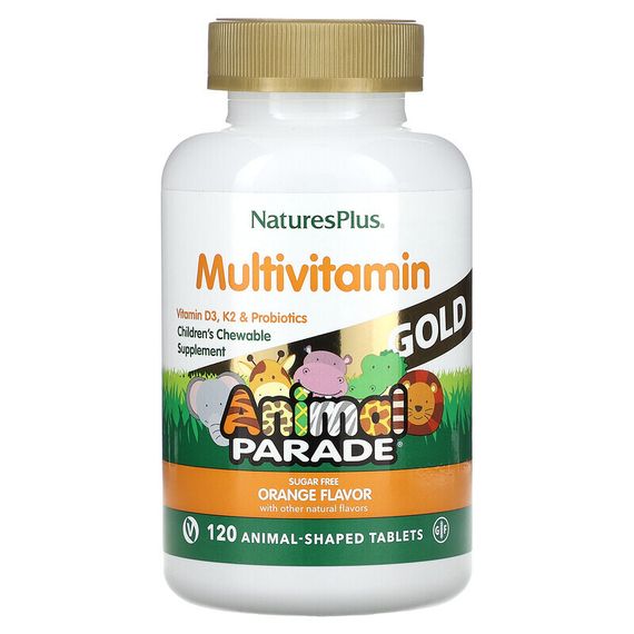 NaturesPlus, Animal Parade Gold, мультивитамины для детей, апельсин, без сахара, 120 таблеток в форме животных