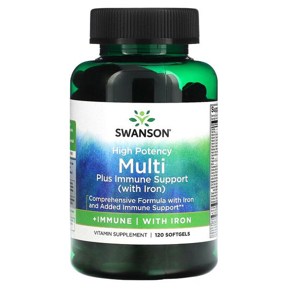 Swanson, Multi plus Immune Support с железом, высокая эффективность, 120 мягких таблеток