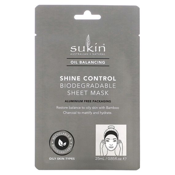Sukin, Oil Balancing, Shine Control Biodegradable Beauty Sheet Mask, biologisch abbaubare Beauty Sheet Mask, 25 ml (0,85 fl. oz.)