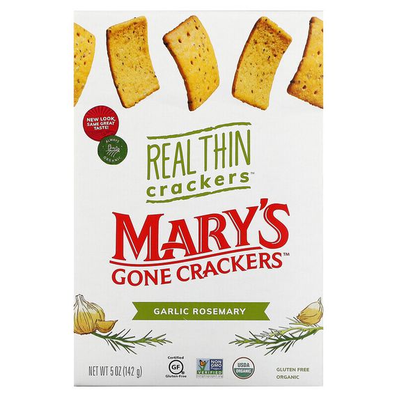 Mary&#39;s Gone Crackers, Real Thin Crackers, крекеры, чеснок и розмарин, 142 г (5 унций)