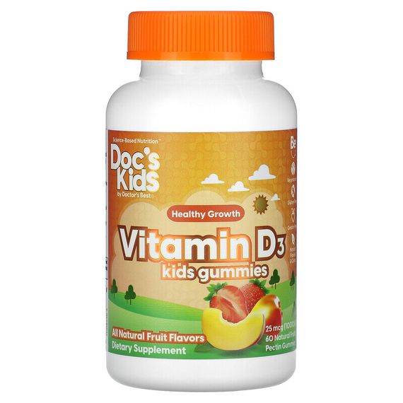 Doctor&#39;s Best, Doc&#39;s Kids, детские жевательные мармеладки с витамином D3, полностью натуральные фрукты, 25 мкг (1000 МЕ), 60 жевательных таблеток с натуральным фруктовым пектином