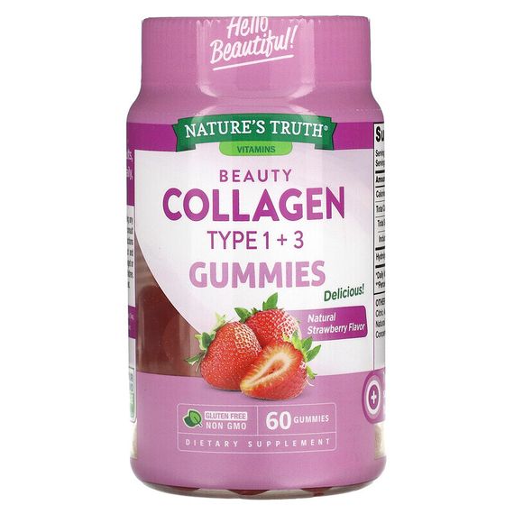 Nature&#39;s Truth, Beauty Collagen, жевательные мармеладки с коллагеном, типы 1 и 3, натуральная клубника, 60 жевательных таблеток