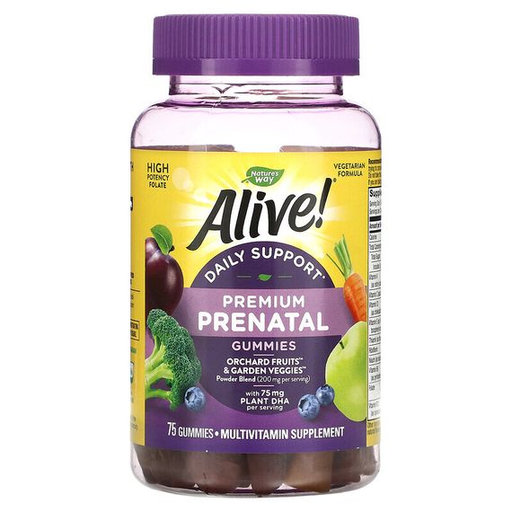 Nature&#39;s Way, Alive! Daily Support Premium Prenatal, витамины для беременных, клубника и лимон, 75 жевательных таблеток