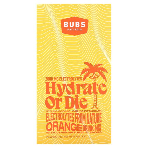 BUBS Naturals, Hydrate or Die, смесь для приготовления электролитов, апельсин, 7 палочек по 13,5 г (0,4 унции)