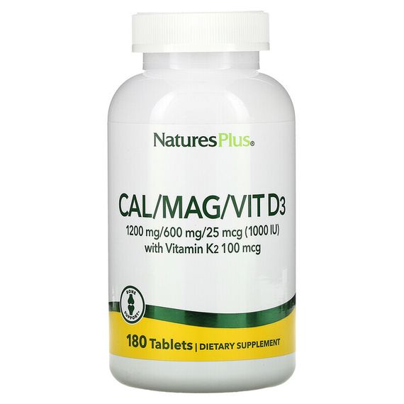 NaturesPlus, комплекс с кальцием, магнием, витаминами D3 и К2, 180 таблеток