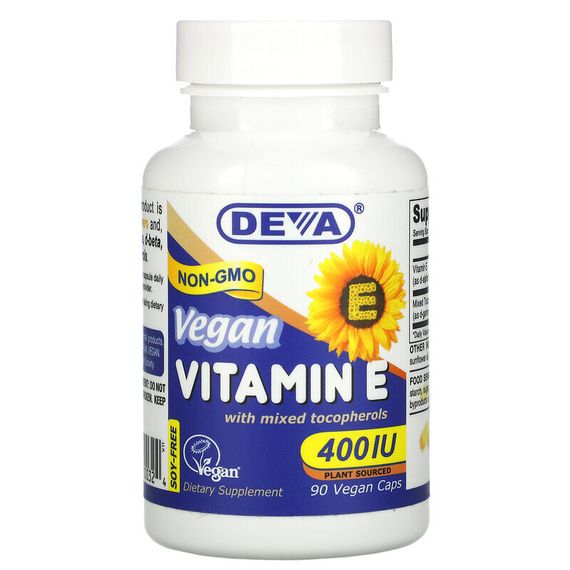 Deva, веганский витамин E со смешанными токоферолами, без сои, 400 МЕ, 90 веганских капсул