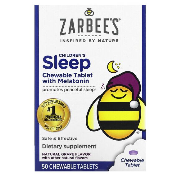 Zarbee&#39;s, Детские таблетки для улучшения сна с мелатонином, натуральный виноградный вкус, для детей от 3 лет, 50 жевательных таблеток