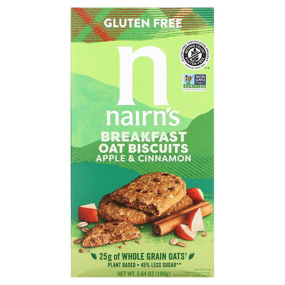 Nairn&#39;s Inc, Овсяное печенье для завтрака, с яблоком и корицей, 160 г (5,64 унции)