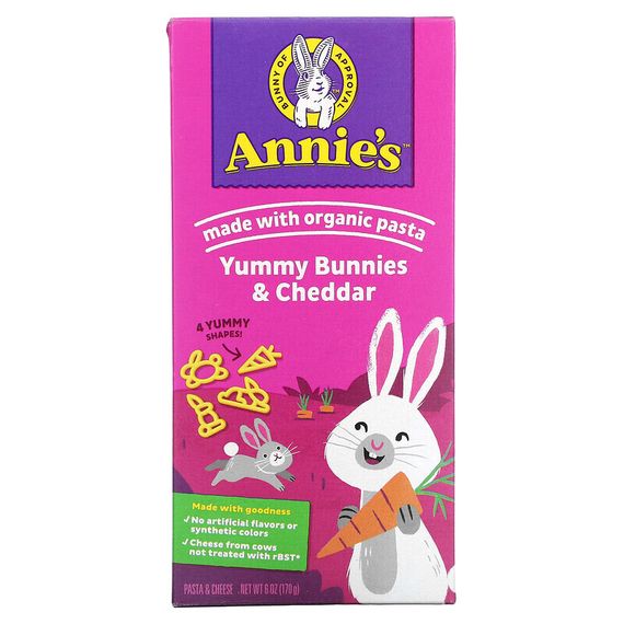Annie&#39;s Homegrown, Bunny Pasta, паста в форме кролика и вкусный чеддер, 170 г (6 унций)
