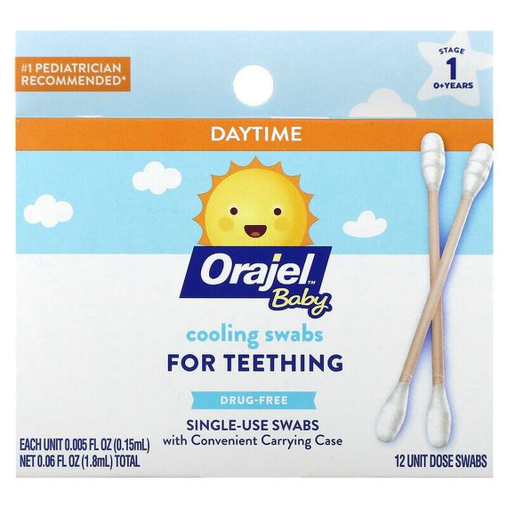 Orajel, Охлаждающие тампоны для детей при прорезывании зубов, для детей от 0 лет, тампоны на 12 единиц, 0,15 мл (0,005 жидк. Унции)