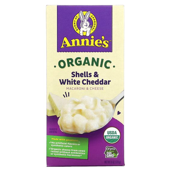 Annie&#39;s Homegrown, Органические макароны с сыром, скорлупа и белый чеддер, 170 г (6 унций)
