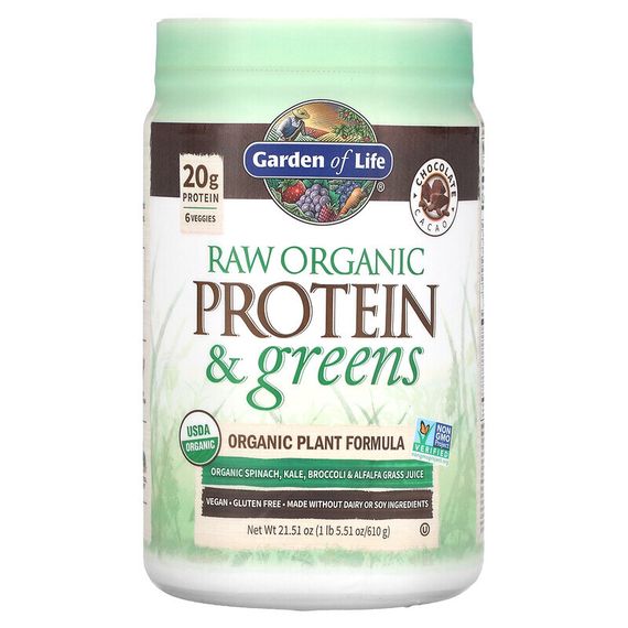 Garden of Life, сырой белок и зелень, формула с органическими растениями, шоколадное какао, 610 г (21,51 унции)