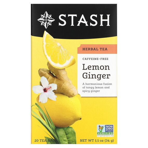 Stash Tea, травяной чай, лимон и имбирь, без кофеина, 20 чайных пакетиков, 34 г (1,1 унции)