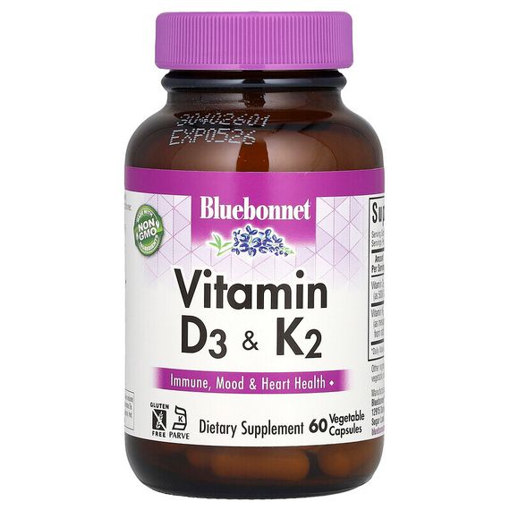 Bluebonnet Nutrition, витамины D3 и K2, 60 вегетарианских капсул