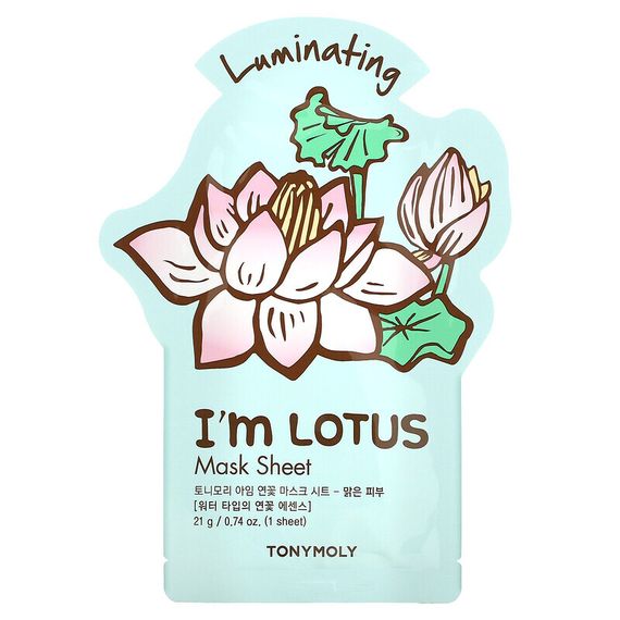 Tony Moly, I&#39;m Lotus,тканевая маска для придания сияния, 1 шт., 21 г (0,74 унции)