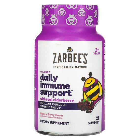 Zarbee&#39;s, Mighty Bee, средство с бузиной для укрепления иммунитета у детей, натуральный ягодный вкус, 21 жевательная конфета