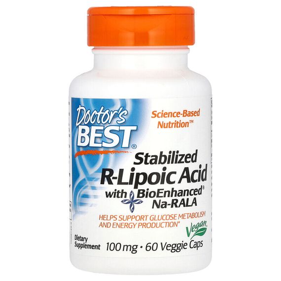 Doctor&#39;s Best, стабилизированная R-липоевая кислота с BioEnhanced Na-RALA, 100 мг, 60 растительных капсул
