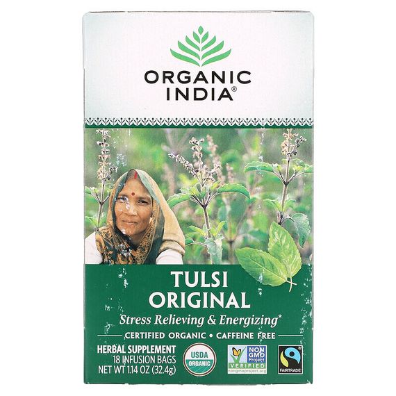 Organic India, Чай с туласи, оригинальный, без кофеина, 18 пакетиков, 32,4 г (1,14 унции)