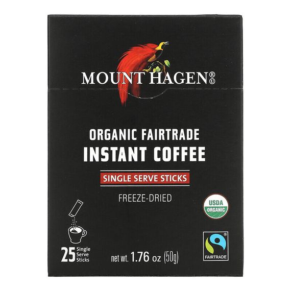 Mount Hagen, органический растворимый кофе, приобретенный с соблюдением принципов справедливой торговли, сублимированный, сублимированный, 25 порционных стиков, 50 г (1,76 унции)
