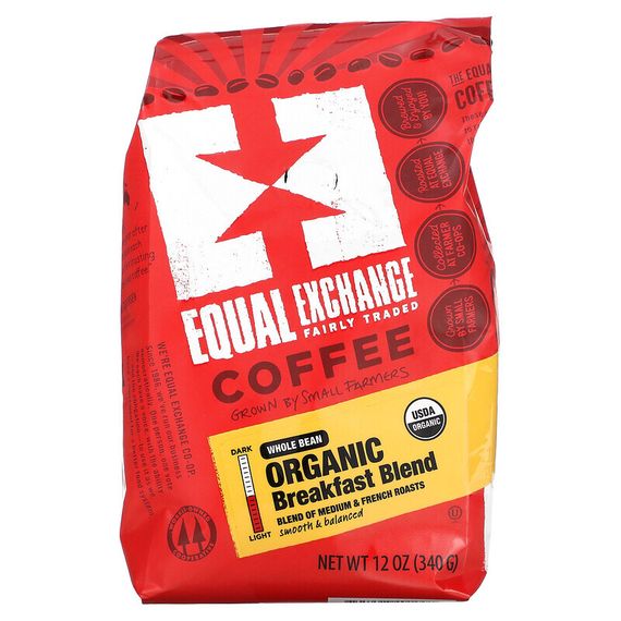 Equal Exchange, Organic Coffee, Breakfast Blend, Whole Bean, Medium &amp; French Roasts, 12 oz (340 g)