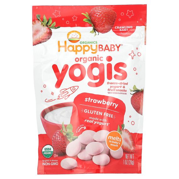 Happy Family Organics, Organic Yogis, органические снеки из сублимированного йогурта с фруктами, с клубникой, 28 г (1 унция)