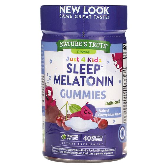 Nature&#39;s Truth, Just 4 Kids, мелатонин для сна, натуральная вишня, 1 мг, 40 веганских жевательных таблеток