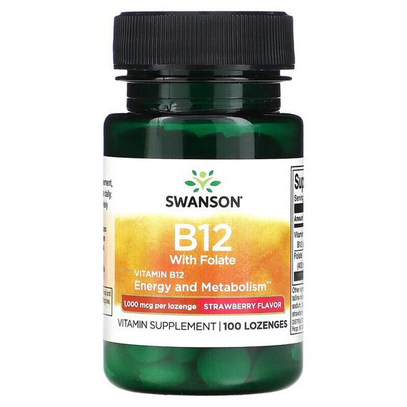 Swanson, Витамин B12 с фолатом, клубника, 1000 мкг, 100 пастилок
