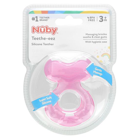 Nuby, Teethe Eez, успокаивающий прорезыватель, для детей от 3 месяцев, розовый, набор из 2 предметов