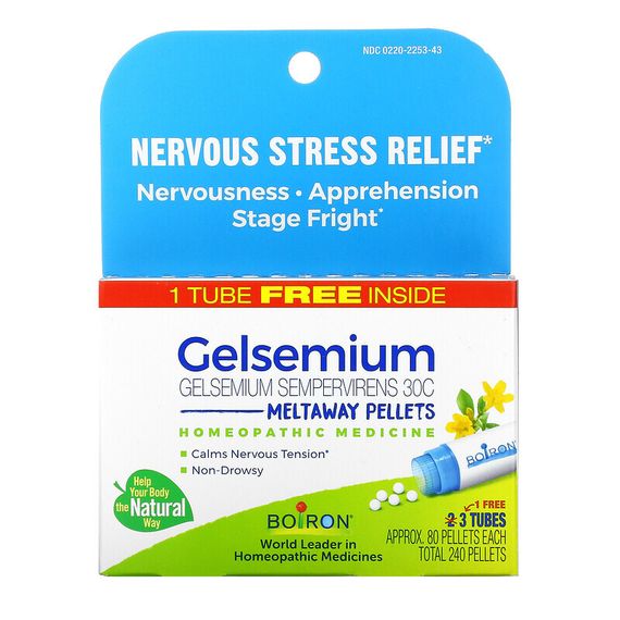 Boiron, Gelsemium, средство для снятия нервного стресса, гранулы Meltaway, 30C, 3 тюбика, прибл. 80 гранул каждая
