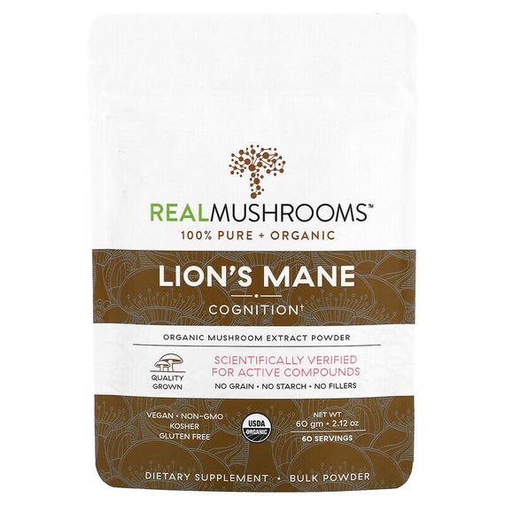 Real Mushrooms, Lion&#39;s Mane, Cognition, нерасфасованный порошок, 60 г (2,12 унции)