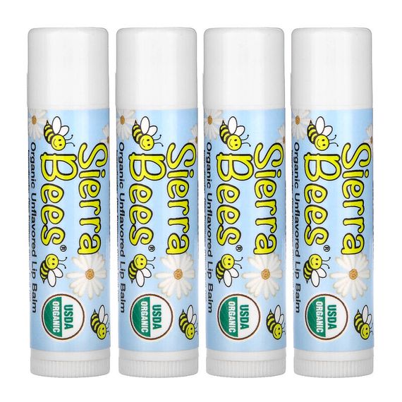 Sierra Bees, Органические бальзамы для губ, без вкуса, 4 шт. в упаковке, 0,15 унции (4,25 г) каждый