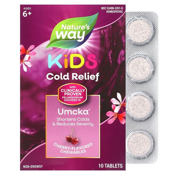 Nature&#39;s Way, Umcka, ColdCare Kids, для детей от 6 лет, вишня, 10 жевательных таблеток
