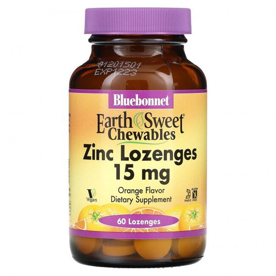 Bluebonnet Nutrition, EarthSweet, жевательные таблетки с цинком, апельсин, 15 мг, 60 пастилок