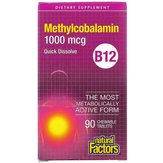 Natural Factors, витамин B12, метилкобаламин, 1000 мкг, 90 жевательных таблеток