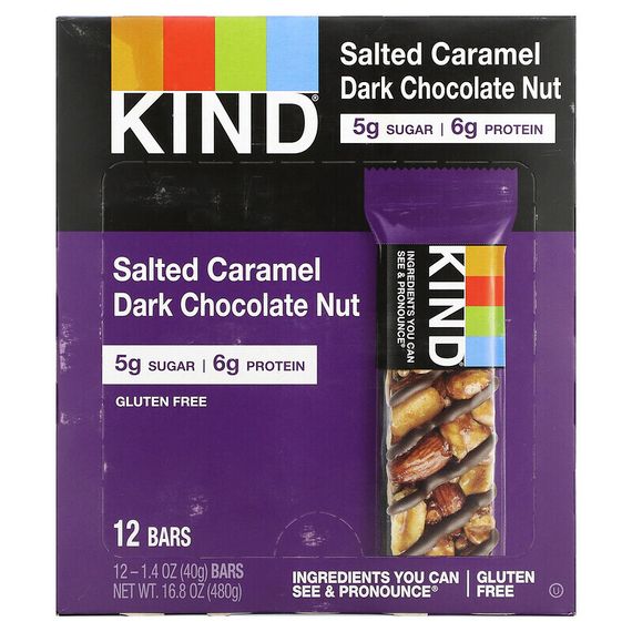 KIND Bars, Nuts &amp; Spices, Соленая карамель и темный шоколад с орехами, 12 батончиков по 1,4 унции (40 г) каждый