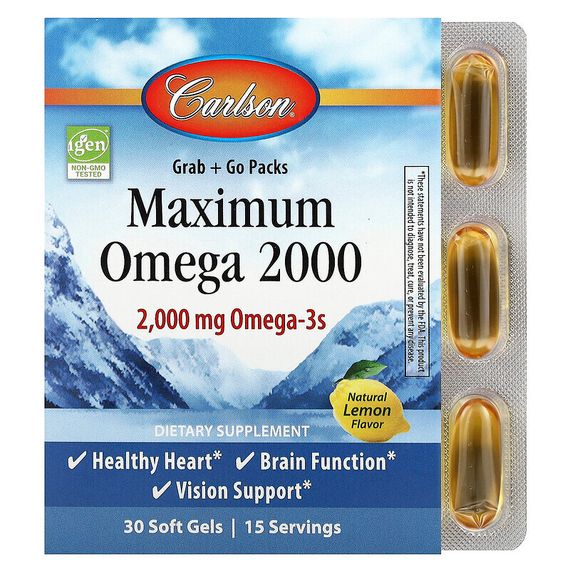 Carlson, Maximum Omega 2000, натуральный лимонный вкус, 1000 мг, 30 мягких таблеток