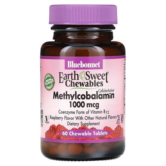 Bluebonnet Nutrition, EarthSweet, жевательные таблетки, метилкобаламин, натуральный малиновый вкус, 1000 мкг, 60 жевательных таблеток