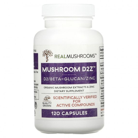Real Mushrooms, Mushroom D2Z, D2 / бета-глюкан / цинк, 120 капсул