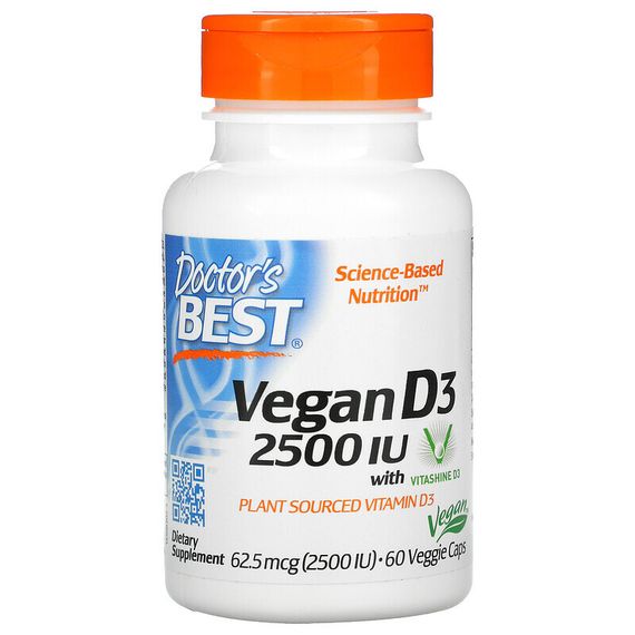 Doctor&#39;s Best, веганский витамин D3 с Vitashine D3, 2500 МЕ, 60 вегетарианских капсул