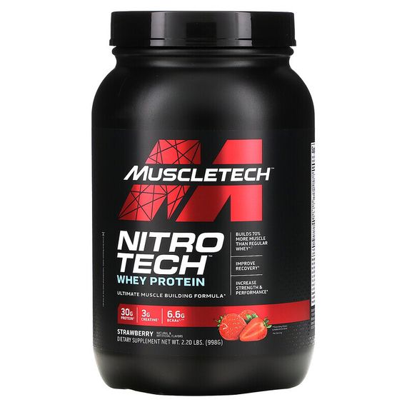 MuscleTech, Nitro-Tech, сывороточный изолят + смесь для роста сухой мышечной массы, клубничный вкус, 907 г (2 фунта)
