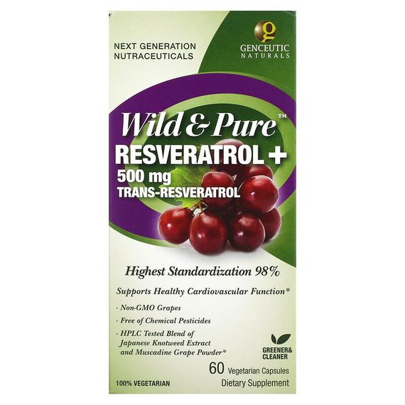 Genceutic Naturals, Wild &amp; Pure, ресвератрол+, 500 мг, 60 вегетарианских капсул
