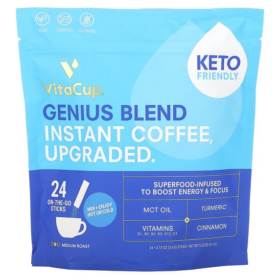 VitaCup, Genius Blend, растворимый кофе, средней обжарки, 24 палочки для еды, по 3,8 г (0,13 унции) каждая