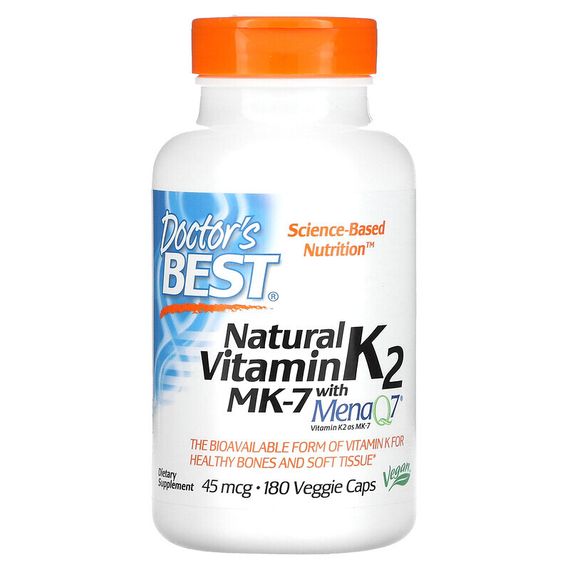 Doctor&#39;s Best, натуральный витамин K2 MK-7 с MenaQ7, 45 мкг, 180 вегетарианских капсул