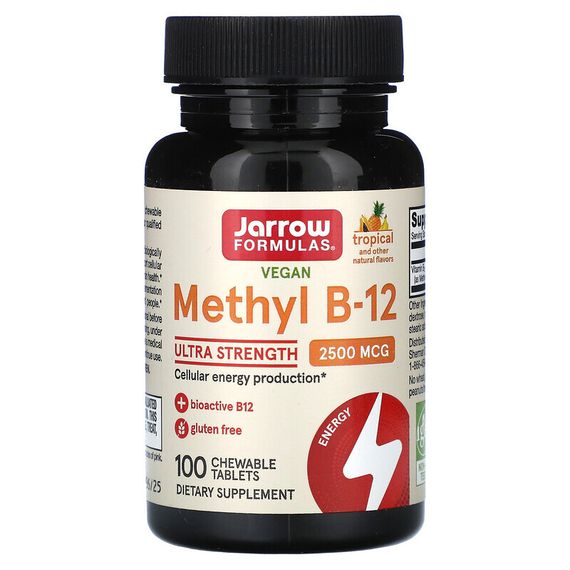 Jarrow Formulas, метил B-12, тропический вкус, 2500 мкг, 100 жевательных таблеток